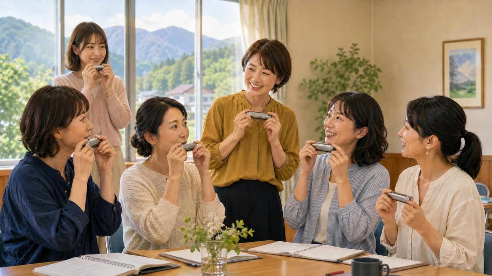只見ハーモニカレディースの第2回レッスンを紹介する、女性6人の活動イメージ