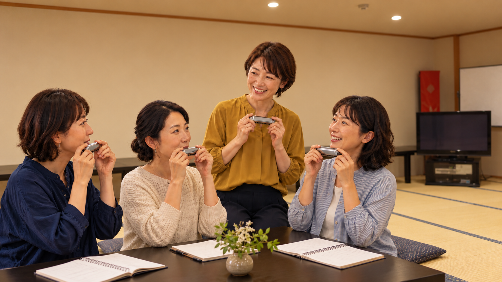 窓のない和室で、女性4人がハーモニカを練習する活動イメージ