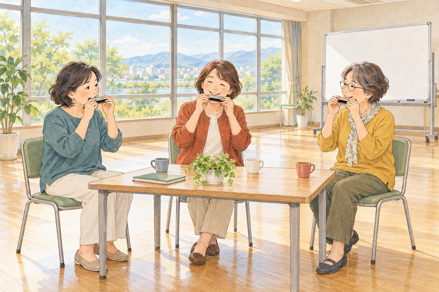 Activity illustration: exactly three learners with harmonicas in a spacious room with large windows; no teacher is depicted.