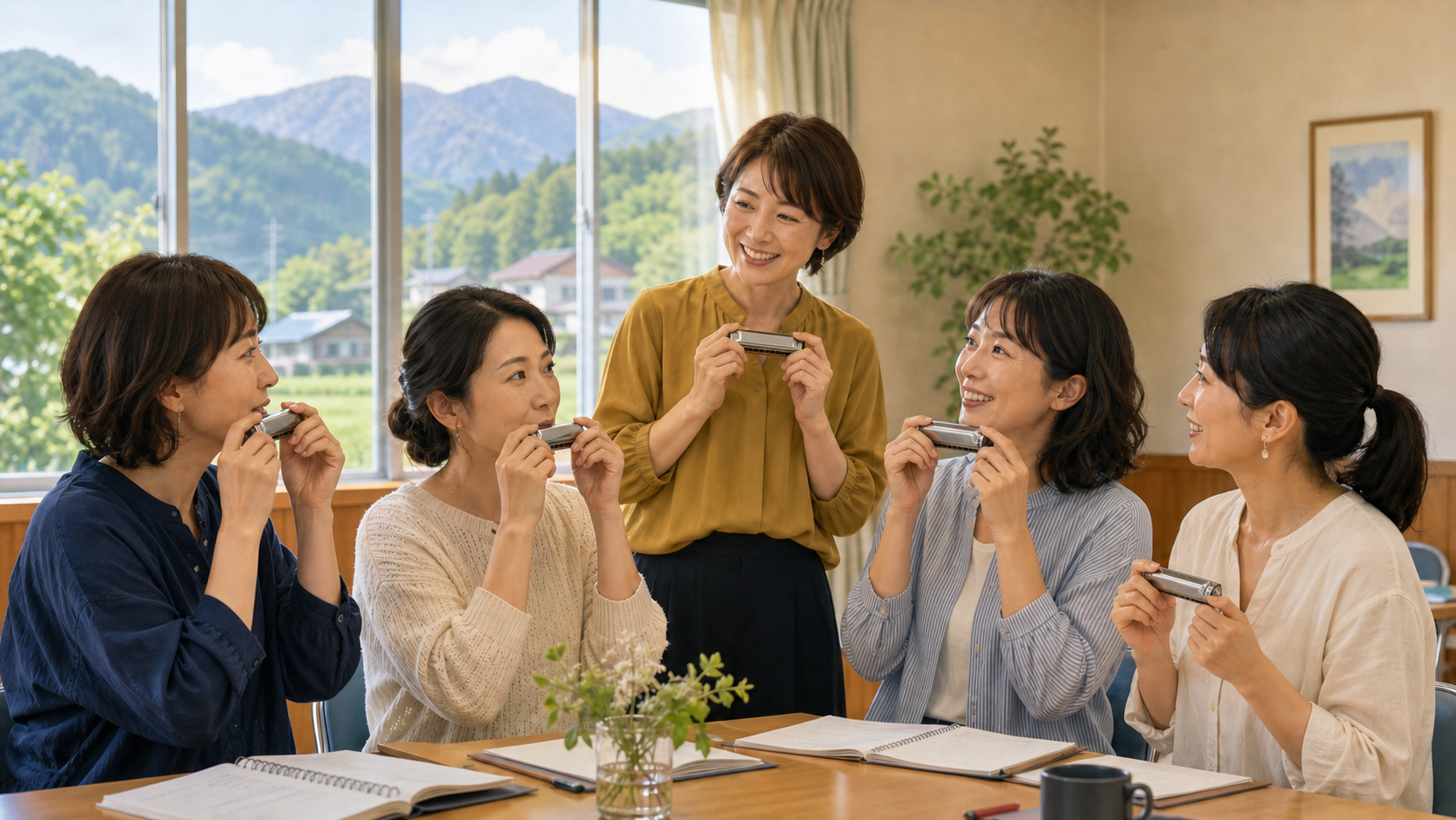 約10cmの10穴ハーモニカを手に、只見の地域で練習する女性5人の活動イメージ画像